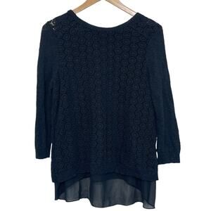Lucky Brand Women's M Black Long Sleeve Crochet Knit Sheer Lace Underlay Sweater